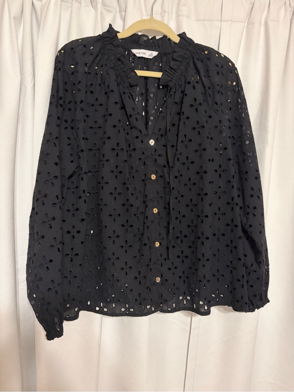 Nine West Black Eyelet Ruffle Collar Button-Down Blouse